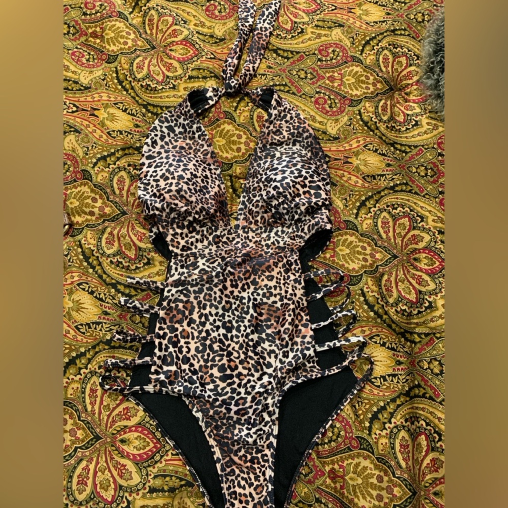 Leopard One Piece Cut Out Swim Suit Size Medium